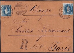 BELLINZONA 1889 nach PARIS, seltene 1Fr.-Frankatur mit 2x50Rp: 70B, ...