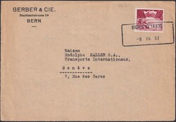 BERN 1953, Aushilfsstempel (LINDE -10), 301A auf Briefteil: Gerber, ...