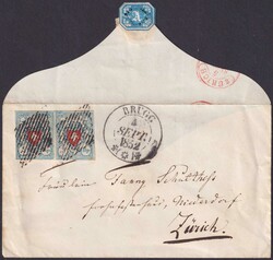 BRUGG 1852 (4.SEPT) nach ZÜRICH, zwei Einzelmarken T.3 U-RO (II) +T ...