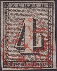 ZÜRICH 4, 1W (Type III) breitrandige Marke mit zentrischer Roter ...