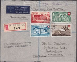 1946, B30-B33 auf Ersttagsbrief nach NEW ZEALAND (Christchurch) ...