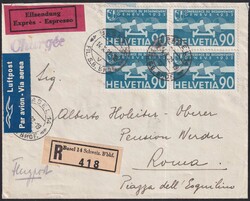 1932, F18 im Viererblock auf Express-Luftpost-Brief von BASEL nach ...
