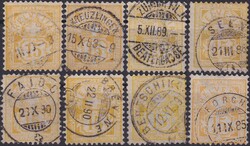 15c gelb, 63A (acht Marken) mit schönen Vollstempeln und teils tark ...