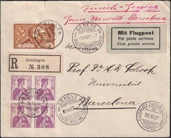 1927, GOLDINGEN (SG) nach Barcelona mit F6 und Viererblock Nr.122 ...