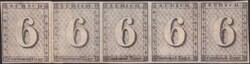 ZÜRICH 6, Fünferstreifen 2ND (Amtlicher Neudruck) Typen I, II, III, ...