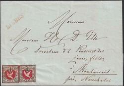 RIEHEN (BASEL) roter Stabstempel 1851 (25.Juli) nach Montmirail (NE), ...