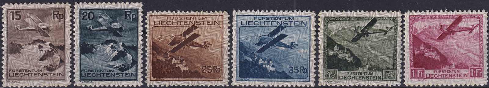 1930, F1-F6 (Flugzeuge über Liechtensteiner Landschaften), Serie ...