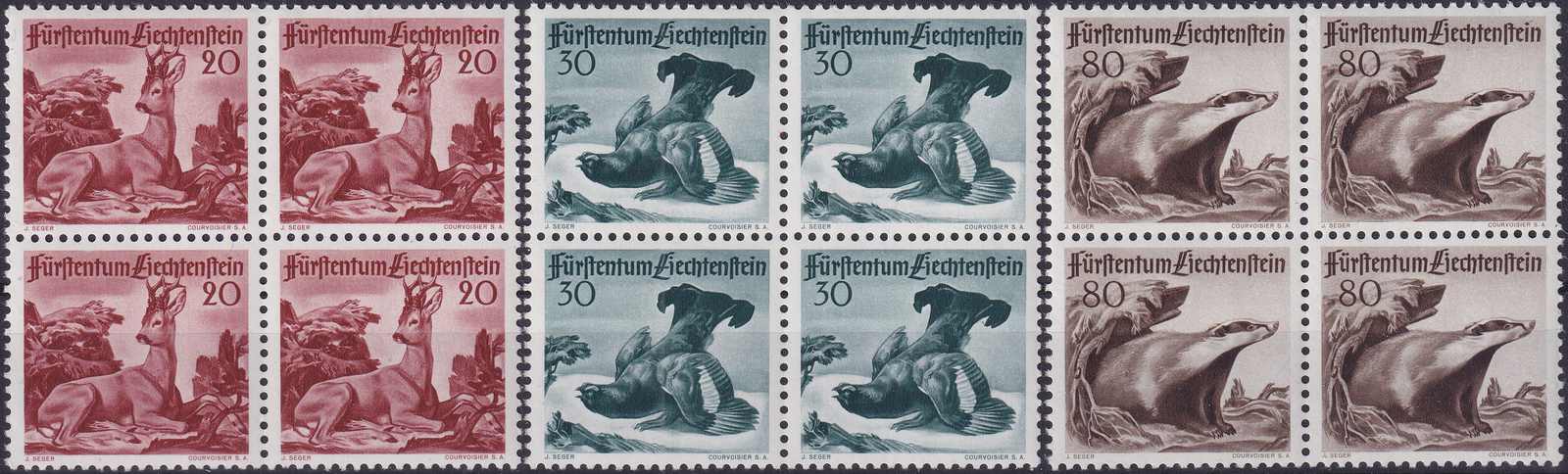 1950, Nr.232-234 (Jagdserie III), Viererblock-Serie tadellos ...