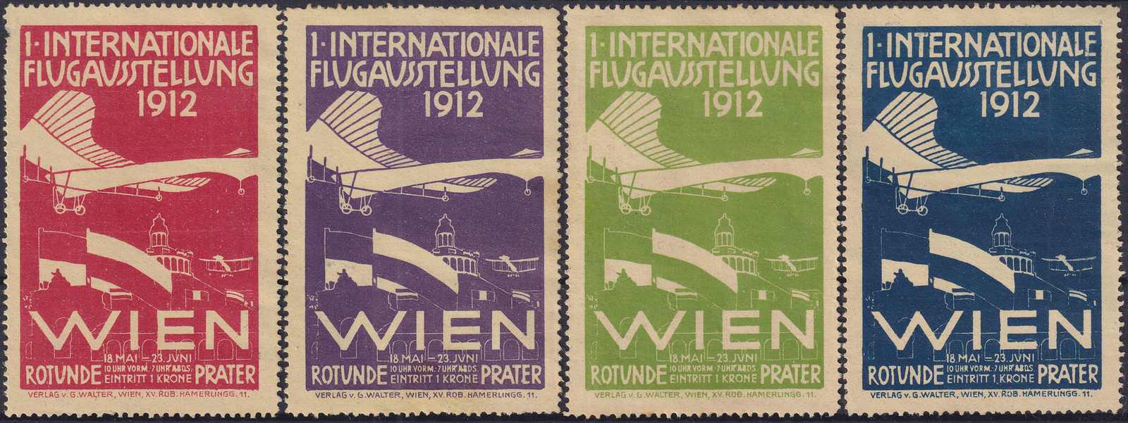 1912, Vier Vignetten Luftfahrt: 1.Internationale Flugausstellung Wien ...