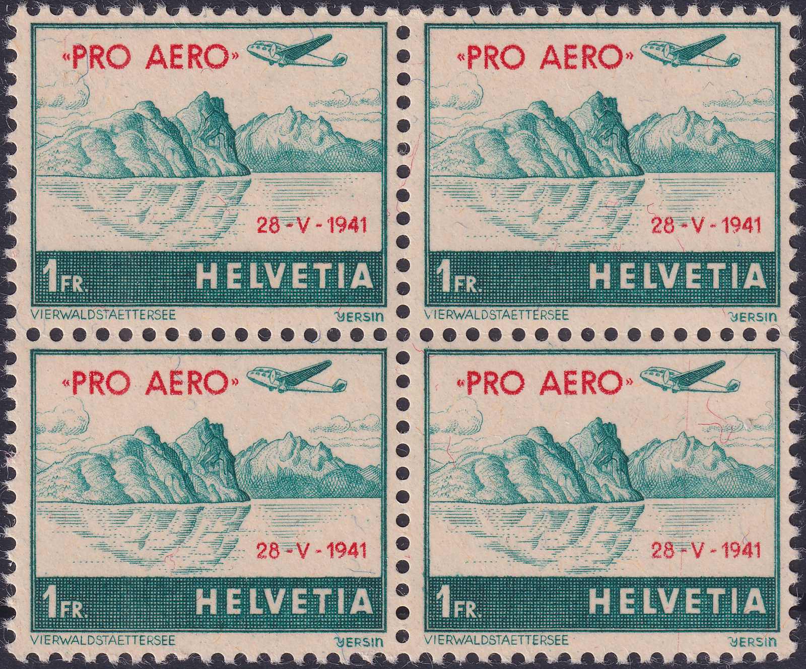 1941, F35 (Flugzeug mit rotem Überdruck) Viererblock tadellos ...