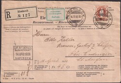 RHEINECK 1908 (14.APR) nach Ober-Endingen, 96A auf retourniertem ...