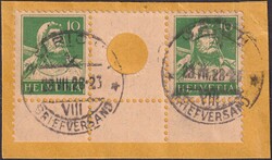 S22 (10c+10c, grün) von ZÜRICH: 28.JUL.1928 mit unterem Bogenrand ...