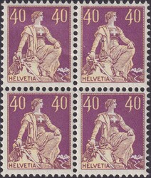 1908, Nr.112 (Helvetia mit Schwert, Type II), Viererblock. Drei ...