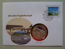 2020, NUMISBRIEF 100 Jahre Flughafen Genf mit versilberter ...