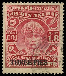 I.F.S. COCHIN 1942 SG75 Used 1942-44 "THREE PIES" on 1a8p carmine, ...