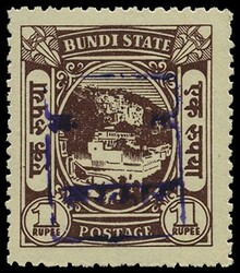 1948-49 Bundi 1r chocolate, Type 1 H/S in violet, fresh large part o ...