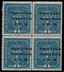 Venezia Giulia 1918 2 K azzurro, in quartina, carta con fili di seta, ...
