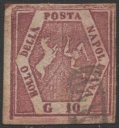 Napoli 1860 falso dell'epoca, 10 G. carminio lillaceo, V° tipo, ...
