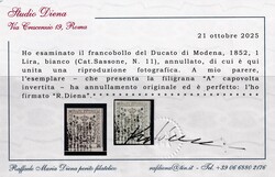 1 lira bianco n. 11 con filigrana "A" capovolta invertita, con nitido ...