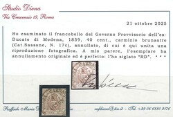 40 c. carminio brunastro n. 17c, ben marginato, annullo centrale di ...