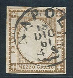 1/2 gr. grigio bruno n. 18, ben marginato, annullo centrale. (500)