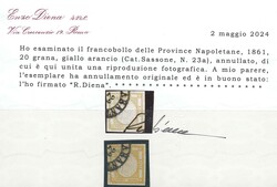 20 gr. giallo arancio n. 23a, nitido annullo di Taranto (cert. R. ...