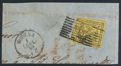 15 c. giallo n. 3 su ampio frammento da Modena 1.7.59, annullo a 9 ...