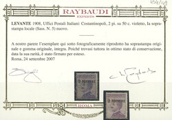 2 piastre su 50 c. violetto n. 5, fresco e ben dentellato, assai raro ...
