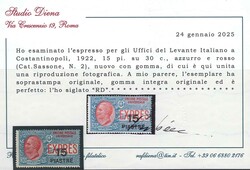 Espresso sovr. 15 piastre su 30 c. n. 2 (cert. R. Diena). (1875)