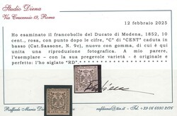 10 c. rosa n. 9c, con varieta' "C di CENT caduta in basso", ben ...