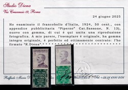 50 c. "Piperno" n. 13, fresco e ben dentellato, ottimamente centrato. ...