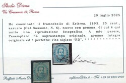 Umberto I sovr., 25 c. azzurro n. 6, alto valore della serie (cert. R ...