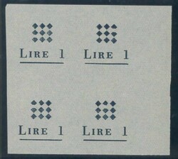 Prova della sovrastampa "Lire 1" in quartina su carta bianca sottile, ...