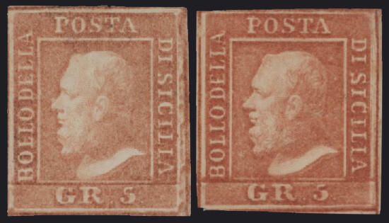 1859 - 5 grana I tavola carta di Palermo nei due colori, n° 10 e 10a ...