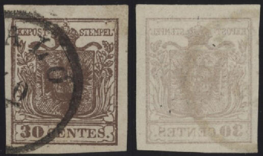 1850 - 30 cent. I tipo con decalco, n° 7l, ottimo, usato a Salò