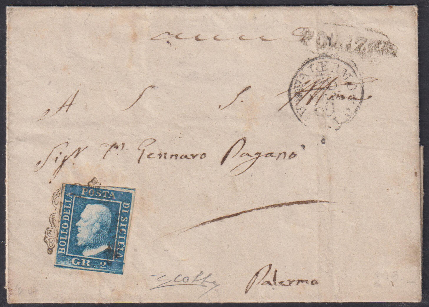 1859 - 2 grana azzurro, I tavola - POLIZZI, ovale senza fregi, punti ...