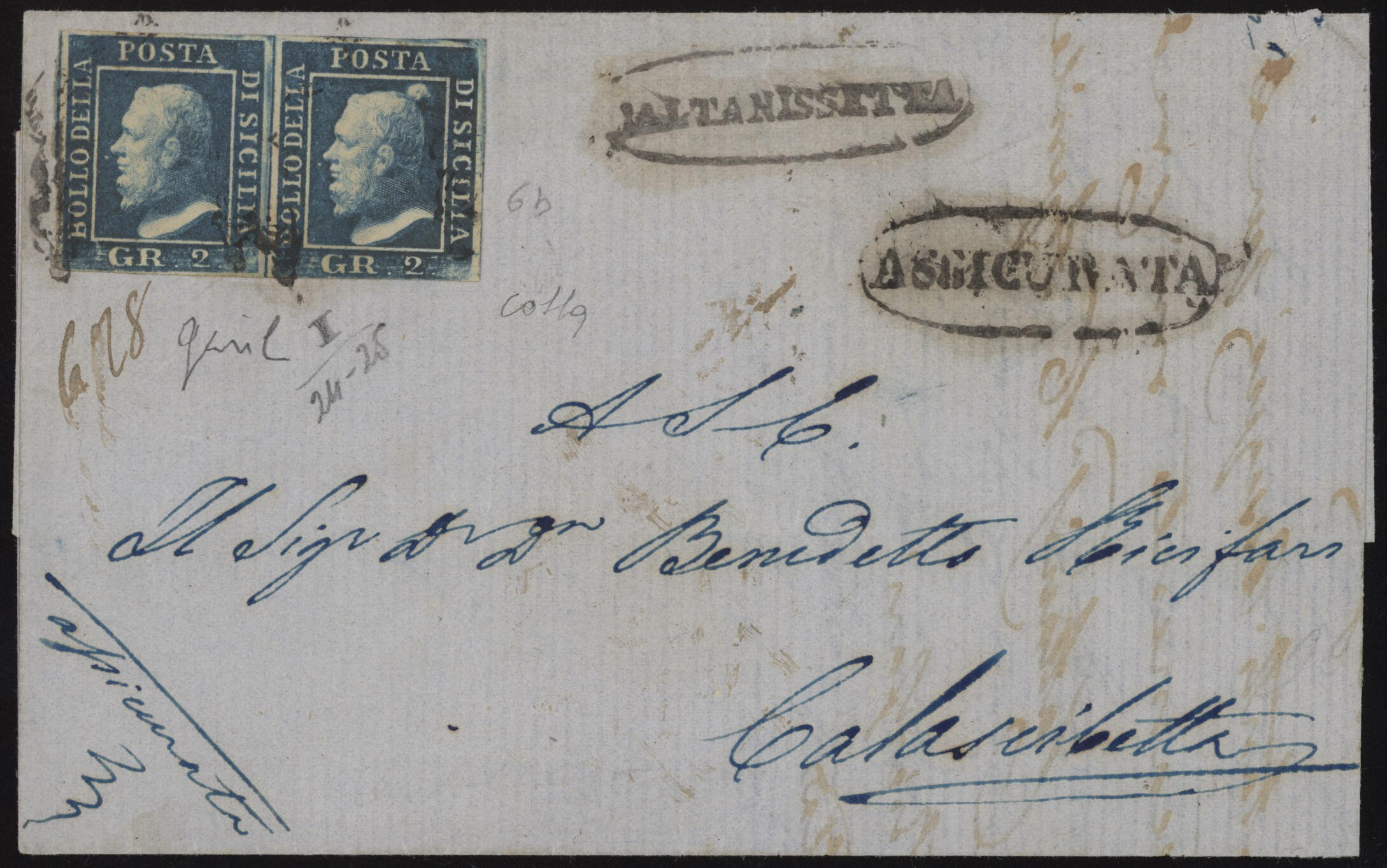 1859 - 2 grana cobalto, n° 6b, coppia orizzontale su lettera da ...