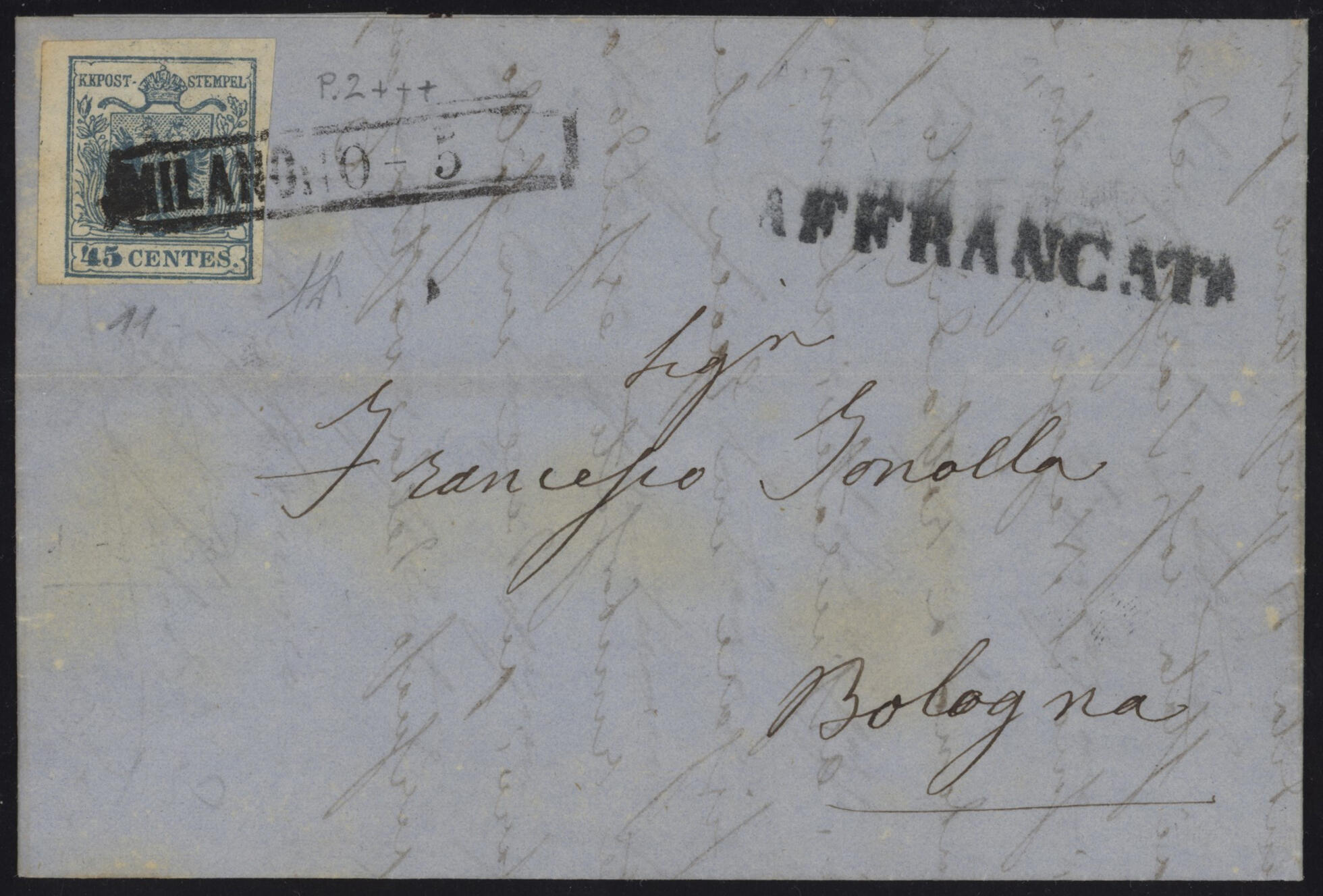 1853 - 45 cent. azzurro ardesia, n° 11, II tipo, ottimo, su lettera ...