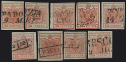 §1850 - 15 cent. I tipo#, n° 3, 9 buoni/ottimi esemplari tutti con ...