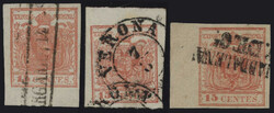 §1850 - 15 cent. II e III tipo#, n° 5/6, tre eccellenti esemplari ...