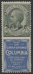 §1924 - Columbia 15 cent.,# Pubb n° 2, ottimo, sovrastampato SAGGIO ...