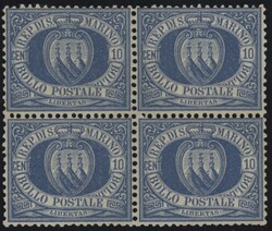 §1877 - 10 cent. oltremare#, n° 3, in eccellente quartina, ...