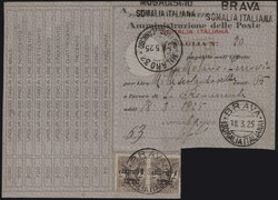 §1925 - 1 r. su 2 Lire bruno,# SxV n.5, coppia su modulo vaglia da ...