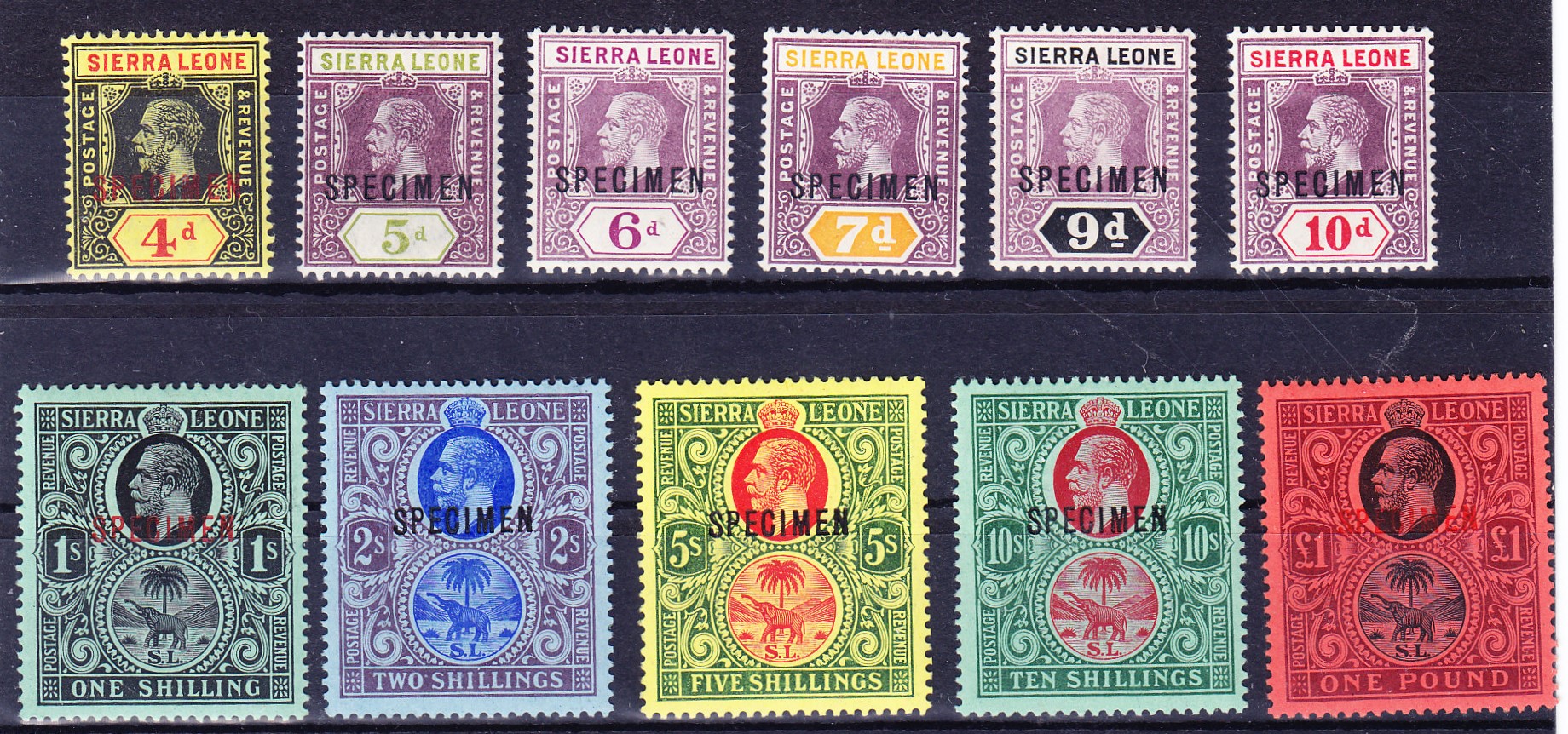 1912/1927 King Georg V. 11 different Values overprinted SPECIMEN.