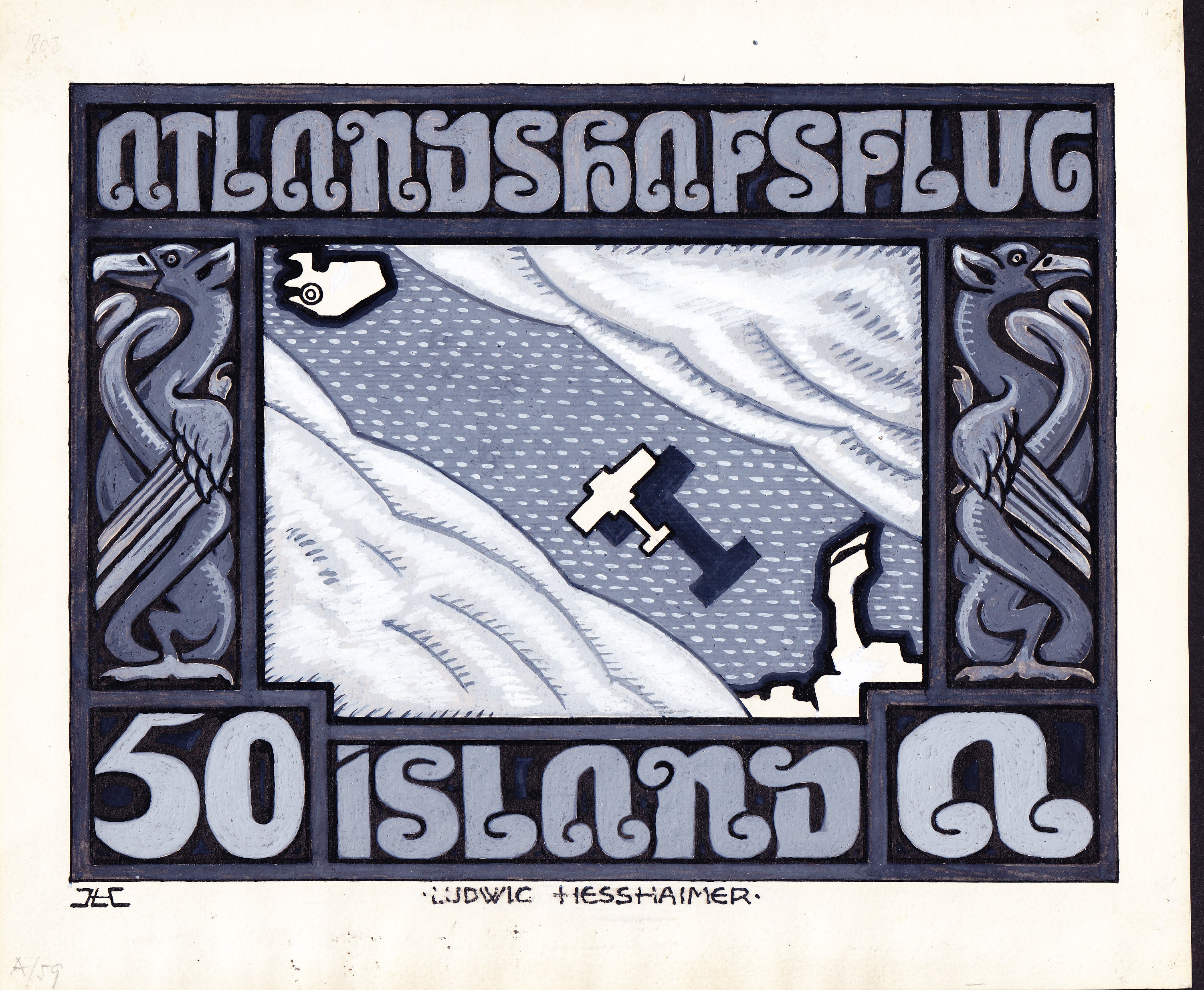 1934 hand painted essai for airmail stamp by Ludwig Hesshaimer