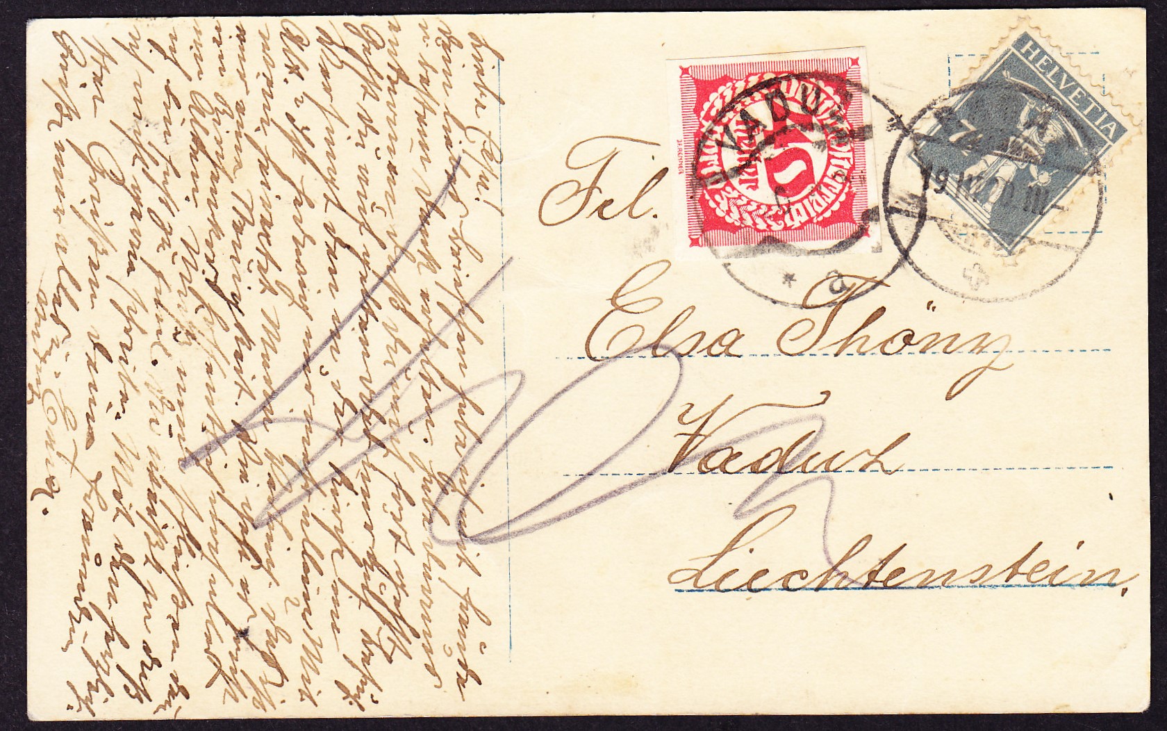 1920 7,5 Rp Swiss Tell Boy stamp on postcard used Ragaz to Vaduz. 40 ...
