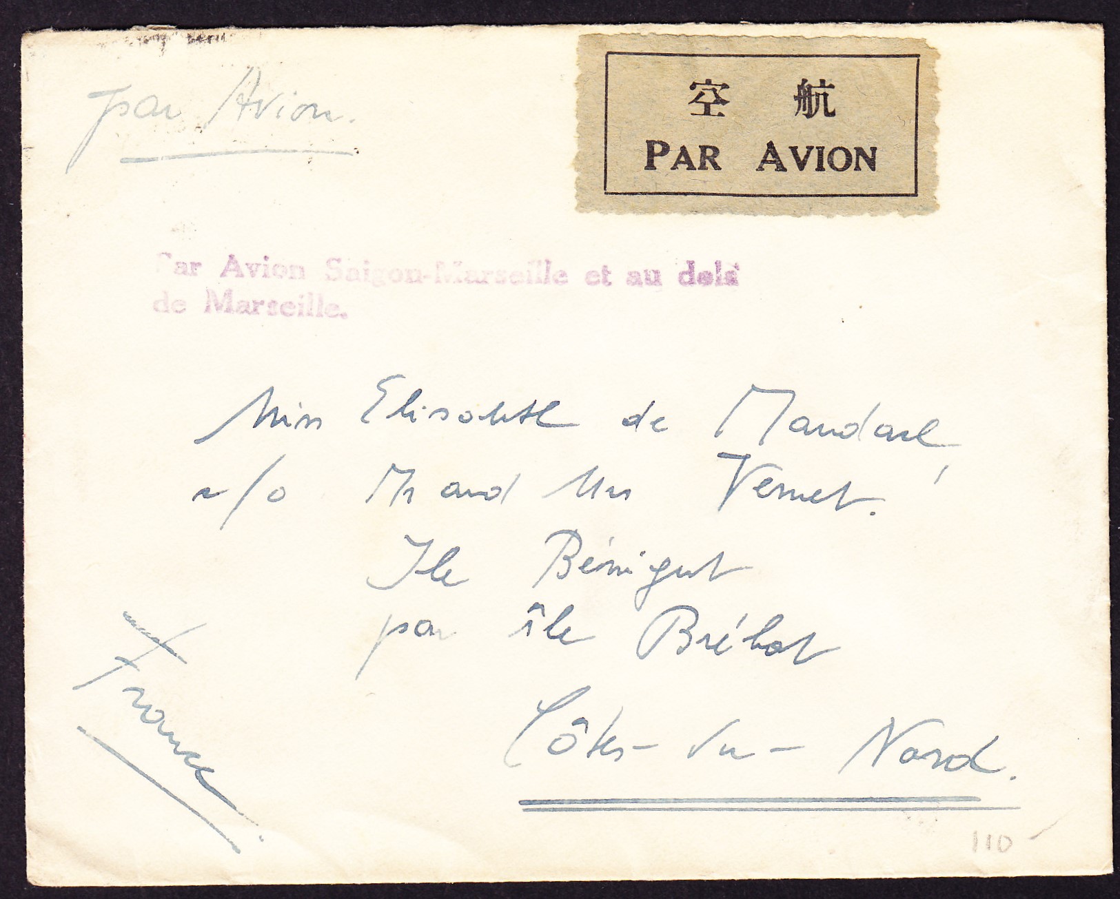 1934 Flugbrief aus Shanghai über Saigon nach Frankreich. Handstempel ...
