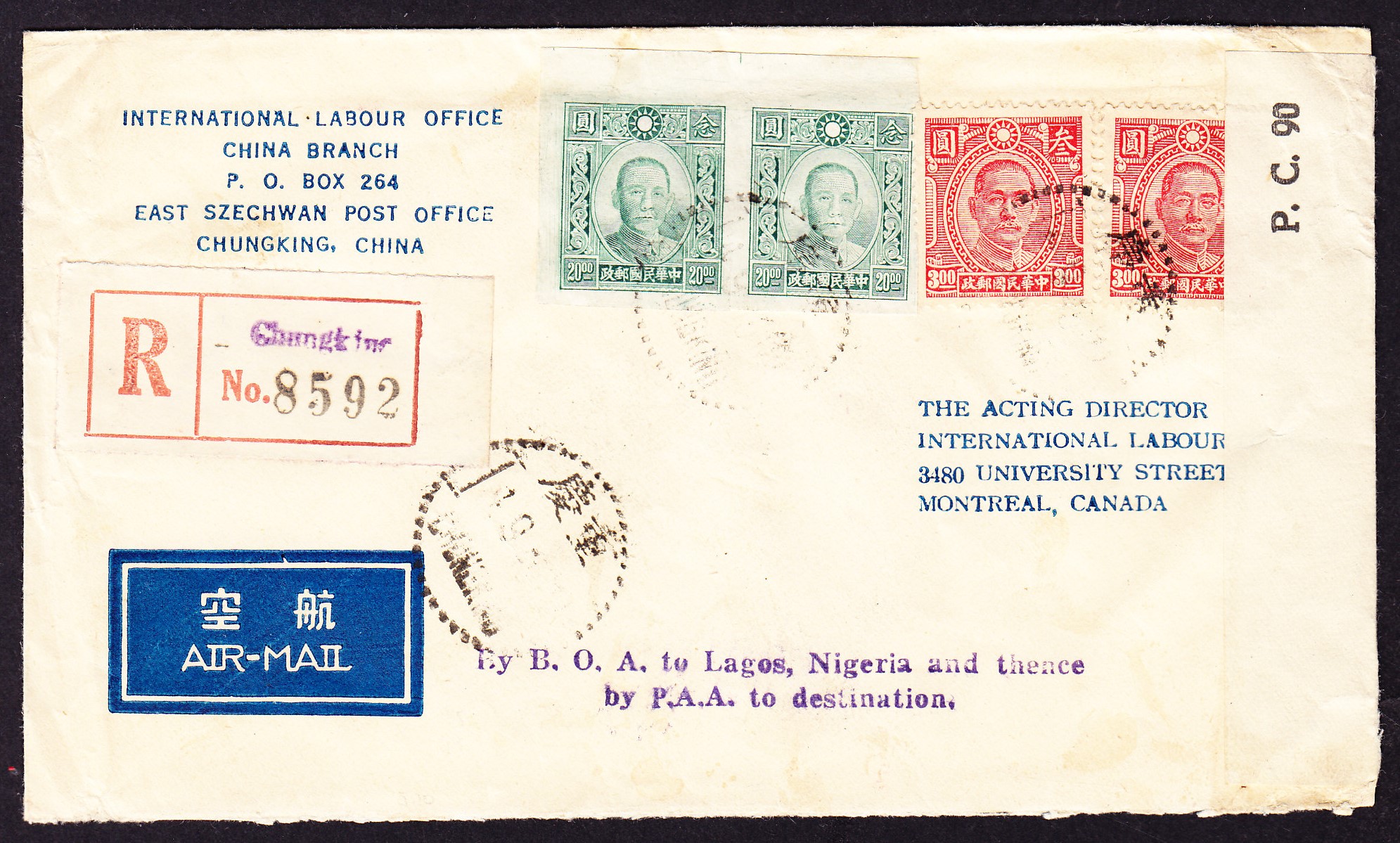 1945  Zensurierter Dienstbrief aus Chungking mit Flugpost: By BOA to ...