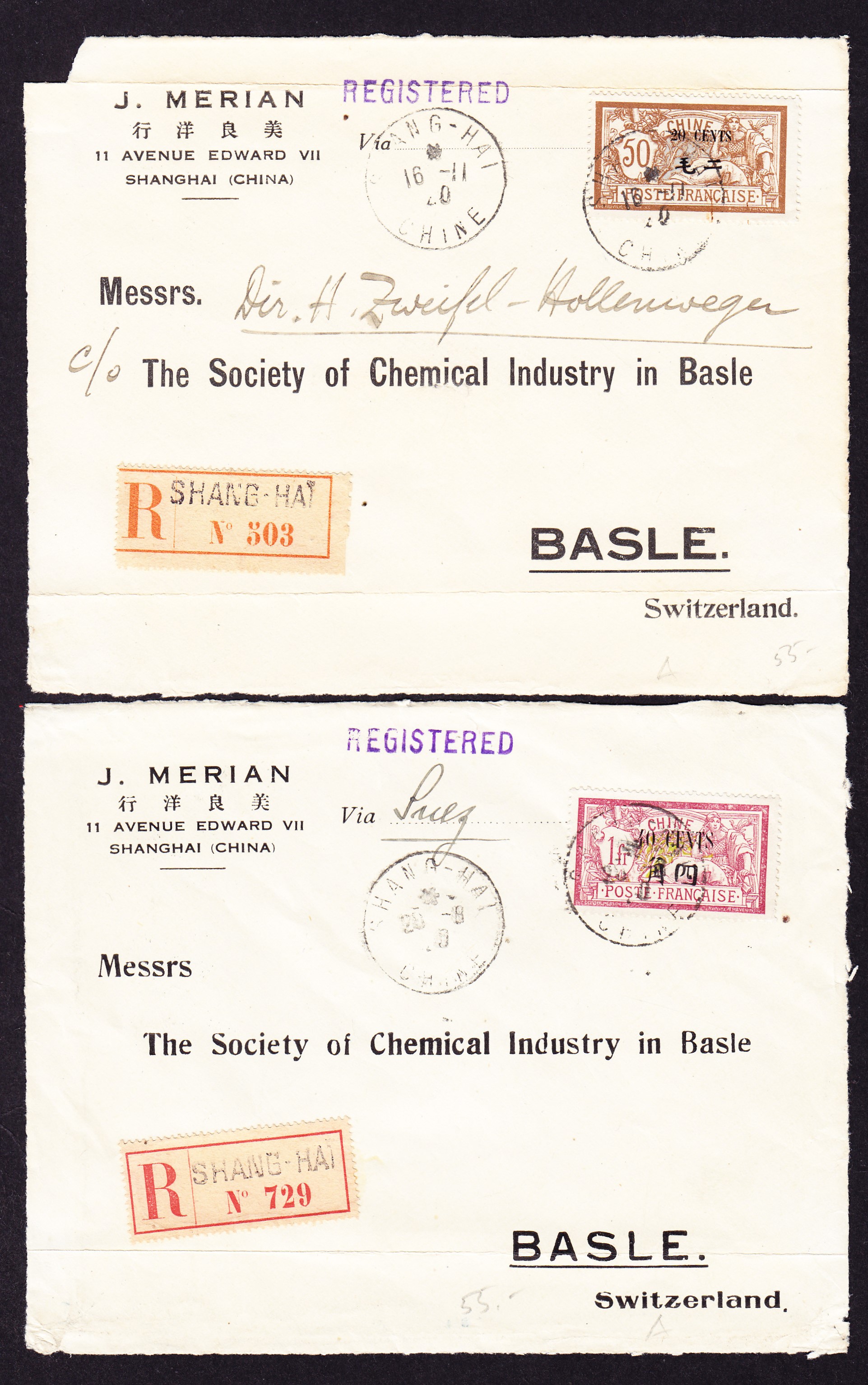 1920  2 eingeschriebene Briefvorderseiten aus Shanghai nach Basel. ...