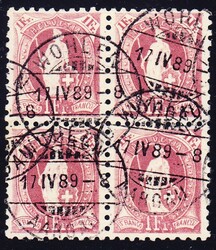 1888 1 Fr. lila, gestempelt WOHLEN, 17.IV.89, 4er Block. Grobe ...